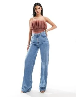 Lace & Beads Bandeau Tulle Bodysuit In Rose Brown For Women -Doll Wear Style 206429319 4