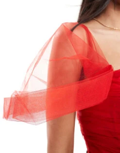 Lace & Beads Tulle Bardot Bodysuit In Red For Women -Doll Wear Style 206429327 4