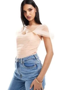 Lace & Beads Tulle Bardot Bodysuit In Blush For Women -Doll Wear Style 206429335 1 blush 1