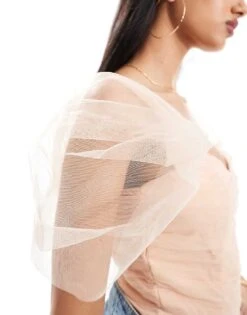 Lace & Beads Tulle Bardot Bodysuit In Blush For Women -Doll Wear Style 206429335 4