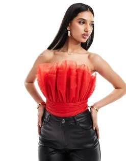 Lace & Beads Bandeau Tulle Bodysuit In Red For Women -Doll Wear Style 206429343 1 red 1