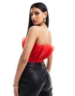 Lace & Beads Bandeau Tulle Bodysuit In Red For Women -Doll Wear Style 206429343 4