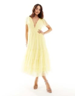 Lace & Beads Bridesmaid Madison V Neck Tulle Midi Dress In Lemon For Women -Doll Wear Style 206430467 1 lemon 1