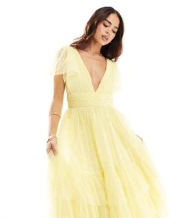 Lace & Beads Bridesmaid Madison V Neck Tulle Midi Dress In Lemon For Women -Doll Wear Style 206430467 3