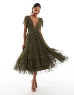 Lace & Beads Bridesmaid Madison V Neck Tulle Midi Dress In Deep Olive For Women -Doll Wear Style 206506507 1 deepolive 1