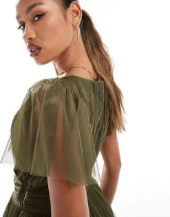 Lace & Beads Bridesmaid Madison V Neck Tulle Midi Dress In Deep Olive For Women -Doll Wear Style 206506507 4