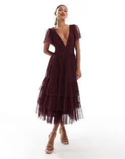 Lace & Beads Bridesmaid Madison V Neck Tulle Midi Dress In Burgundy For Women Plum