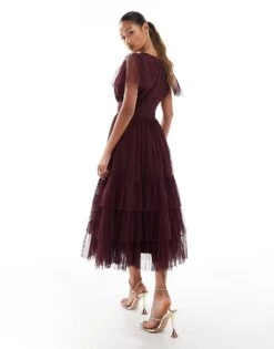 Lace & Beads Bridesmaid Madison V Neck Tulle Midi Dress In Burgundy For Women Plum -Doll Wear Style 206506515 3