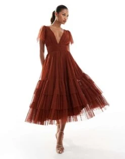 Lace & Beads Bridesmaid Madison V Neck Tulle Midi Dress In Rust For Women
