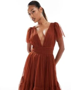 Lace & Beads Bridesmaid Madison V Neck Tulle Midi Dress In Rust For Women -Doll Wear Style 206506523 3
