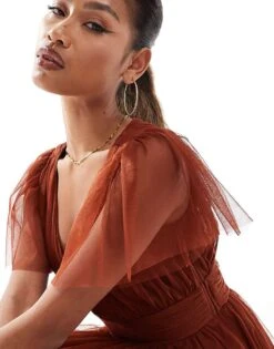 Lace & Beads Bridesmaid Madison V Neck Tulle Midi Dress In Rust For Women -Doll Wear Style 206506523 4