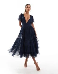 Lace & Beads Bridesmaid Madison V Neck Tulle Midi Dress In Navy For Women -Doll Wear Style 206506531 1 navy 1