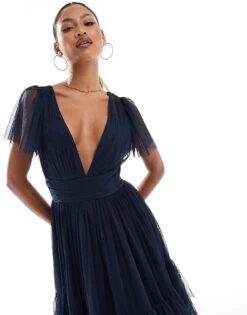 Lace & Beads Bridesmaid Madison V Neck Tulle Midi Dress In Navy For Women -Doll Wear Style 206506531 3