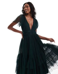 Lace & Beads Bridesmaid Madison V Neck Tulle Midi Dress In Dark Green For Women Emerald -Doll Wear Style 206506547 1 emerald 1