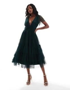 Lace & Beads Bridesmaid Madison V Neck Tulle Midi Dress In Dark Green For Women Emerald -Doll Wear Style 206506547 3