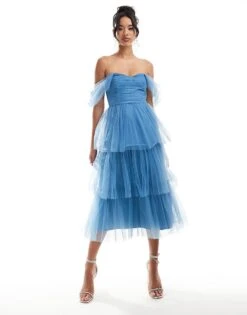 Lace & Beads Ruched Tulle Tiered Midi Dress In Blue For Women Sky Blue -Doll Wear Style 206711911 1 skyblue 1