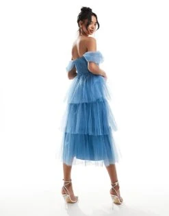 Lace & Beads Ruched Tulle Tiered Midi Dress In Blue For Women Sky Blue -Doll Wear Style 206711911 3