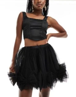 Lace & Beads Bow Tulle Mini Skirt In Black For Women -Doll Wear Style 206721870 1 black 1