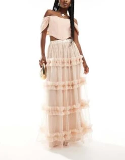 Lace & Beads Tiered Tulle Ruffle Maxi Skirt In Cream For Women -Doll Wear Style 206721871 1 cream 1