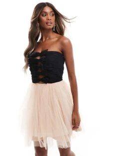 Lace & Beads Tulle Bow Mini Dress In Monochrome For Women Ivory