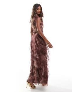 Lace & Beads Ruffle Tulle Maxi Dress In Soft Brown Animal For Women Dusty Brown -Doll Wear Style 206721919 4