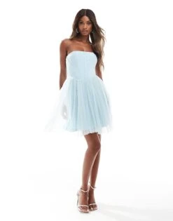 Lace & Beads Tulle Corset Mini Dress With Drop Hem In Blue For Women Sky Blue -Doll Wear Style 206721935 1 skyblue 1