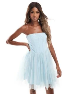Lace & Beads Tulle Corset Mini Dress With Drop Hem In Blue For Women Sky Blue -Doll Wear Style 206721935 3
