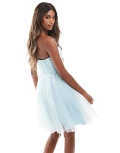 Lace & Beads Tulle Corset Mini Dress With Drop Hem In Blue For Women Sky Blue -Doll Wear Style 206721935 4
