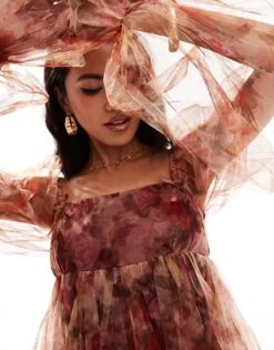 Lace & Beads Bow Babydoll Mini Dress In Rose Floral For Women -Doll Wear Style 206721946 2