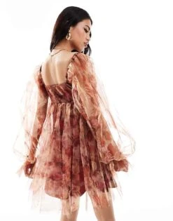 Lace & Beads Bow Babydoll Mini Dress In Rose Floral For Women -Doll Wear Style 206721946 3