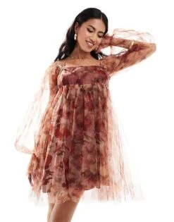 Lace & Beads Bow Babydoll Mini Dress In Rose Floral For Women -Doll Wear Style 206721946 4