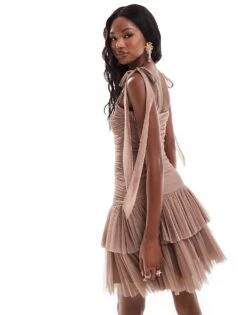 Lace & Beads Ruched Bow Shoulder Tulle Mini Dress In Rose Brown For Women -Doll Wear Style 206721982 4