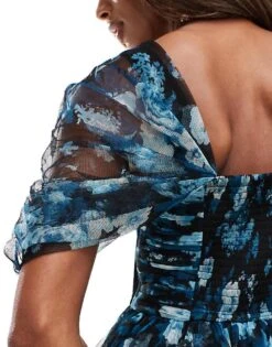 Lace & Beads Bardot Mini Dress In Blue Floral For Women -Doll Wear Style 206721990 2