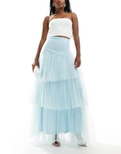 Lace & Beads Asymmetric Tulle Maxi Skirt In Sky Blue For Women -Doll Wear Style 206721998 1 skyblue 1