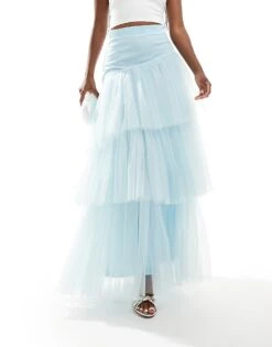 Lace & Beads Asymmetric Tulle Maxi Skirt In Sky Blue For Women -Doll Wear Style 206721998 4