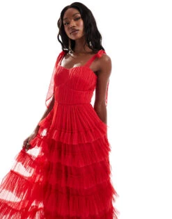 Lace & Beads Empire Waist Ruffle Maxi Dress In Red For Women 9 Lace & Beads Empire Waist Ruffle Maxi Dress In Red For Women -Doll Wear Style 206722006 1 red 1
