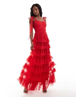 Lace & Beads Empire Waist Ruffle Maxi Dress In Red For Women 6 Lace & Beads Empire Waist Ruffle Maxi Dress In Red For Women -Doll Wear Style 206722006 2
