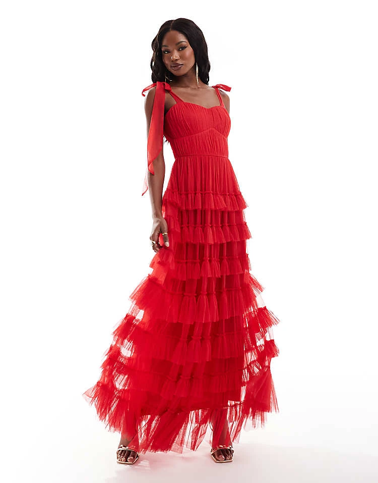 Lace & Beads Empire Waist Ruffle Maxi Dress In Red For Women 2 Lace & Beads Empire Waist Ruffle Maxi Dress In Red For Women - Image 2