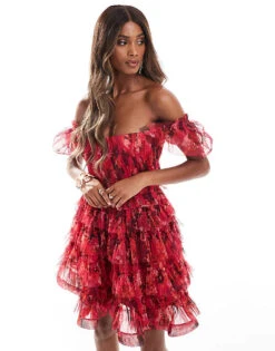Lace & Beads Puff Sleeve Babydoll Ruffle Mini Dress In Red Floral For Women -Doll Wear Style 206722014 2