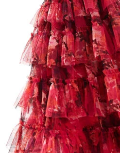 Lace & Beads Puff Sleeve Babydoll Ruffle Mini Dress In Red Floral For Women -Doll Wear Style 206722014 3