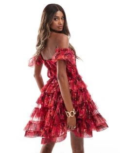 Lace & Beads Puff Sleeve Babydoll Ruffle Mini Dress In Red Floral For Women -Doll Wear Style 206722014 4