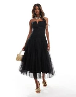 Lace & Beads Drop Hem Tulle Midaxi Dress In Black For Women