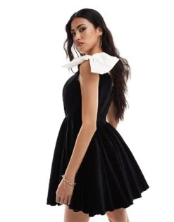 Lace & Beads Bow Shoulder Structured Mini Dress In Black And Ivory For Women Black/ivory -Doll Wear Style 206722030 3