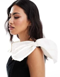 Lace & Beads Bow Shoulder Structured Mini Dress In Black And Ivory For Women Black/ivory -Doll Wear Style 206722030 4