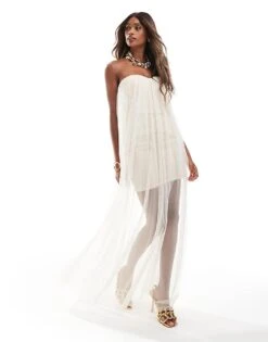 Lace & Beads Bandeau Tulle Maxi Dress In Ecru For Women