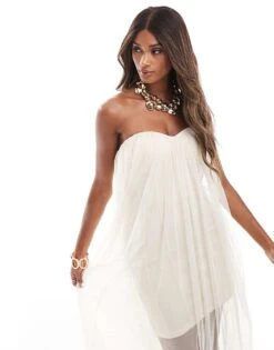 Lace & Beads Bandeau Tulle Maxi Dress In Ecru For Women -Doll Wear Style 206722038 3