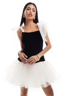 Lace & Beads Contrast Bow Sleeve Mini Dress In Black For Women Black/ivory