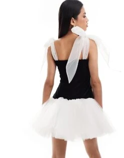 Lace & Beads Contrast Bow Sleeve Mini Dress In Black For Women Black/ivory -Doll Wear Style 206722054 4