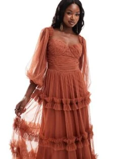 Lace & Beads Long Sleeve Ruffle Maxi Dress In Terracotta Rose For Women -Doll Wear Style 206722070 1 terracottarose 1
