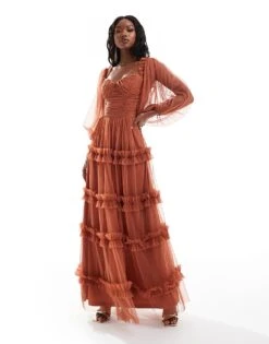 Lace & Beads Long Sleeve Ruffle Maxi Dress In Terracotta Rose For Women -Doll Wear Style 206722070 3